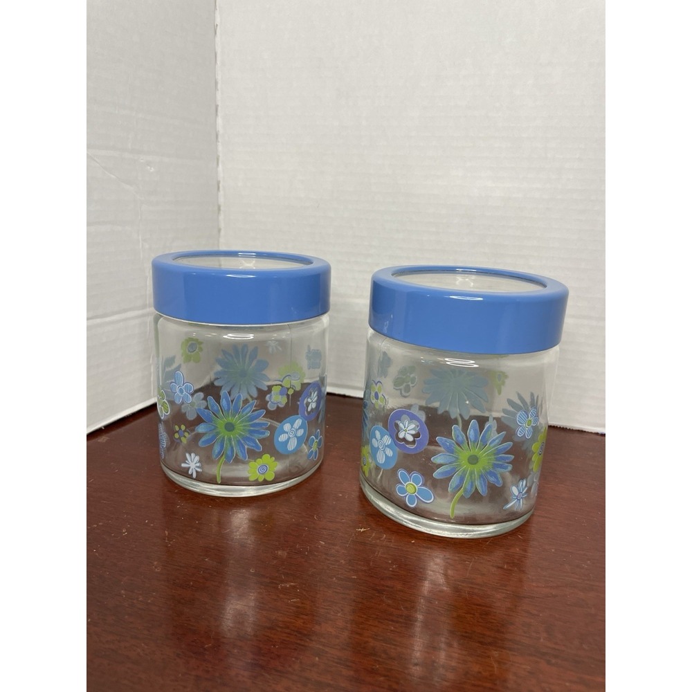 Vintage Glass Canister Jar Blue Lid Blue And Green Floral Retro Decor Set Of 2